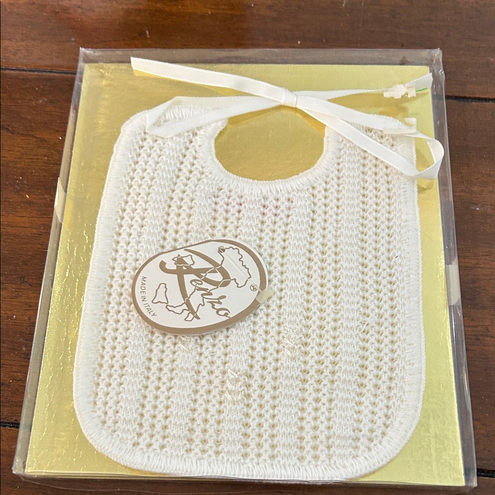 Elegant cream colored crocheted baby bib. NIB. Made in Italy.